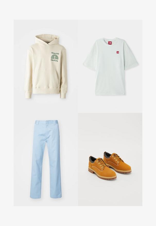 Beige katoenen hoodie met een kangoeroezak. Groene tekstlogo "Ellesse 1959" en een gebogen afbeelding op de linkerbovenkant. Zachte textuur, normale pasvorm.; Lichtgroene T-shirt met korte mouwen van zachte katoen, voorzien van een klein rood logo label op de linker borst. Ontspannen pasvorm en ronde halslijn.; Lichtblauwe rechte broek van een katoenmix. Met een platte tailleband, zijzakken en zonder zichtbare patronen of versieringen.; Bruine suède schoenen met een ronde neus, gele veters, een gewatteerde zwarte kraag en rubberen zolen met gripgroeven.