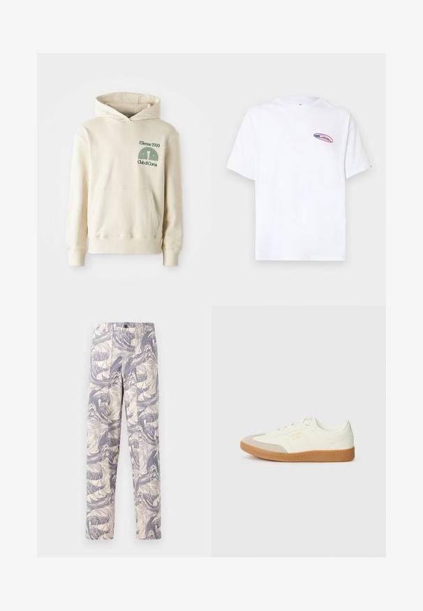 Sudadera de algodón beige con bolsillo tipo canguro. Logotipo en texto verde "Ellesse 1959" y gráfico curvado en la parte izquierda del pecho. Textura suave, corte regular.; Camiseta blanca de manga corta con un pequeño logo ovalado en rosa y azul en el lado izquierdo del pecho, sobre un fondo claro y uniforme.; Pantalones cremosos ligeros con un patrón abstracto de olas azules. Tienen un corte recto, con dos pliegues frontales y un cierre de botón.; Zapatilla de cuero blanca con puntera beige y suela de goma marrón claro. Presenta cordones planos blancos y una marca en relieve en el lateral.
