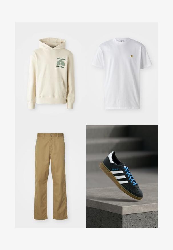 Sudadera de algodón beige con bolsillo tipo canguro. Logotipo en texto verde "Ellesse 1959" y gráfico curvado en la parte izquierda del pecho. Textura suave, corte regular.; Camiseta de algodón blanca con mangas cortas, cuello redondo, que presenta un pequeño logo dorado en la parte izquierda del pecho. Textura suave y corte regular.; Chinos caqui con diseño de pierna recta, elaborados en una suave tela de algodón. Cuentan con un cierre frontal de botón y bolsillos laterales.; Zapatilla negra Adidas con franjas blancas, cordones azules y suela de goma flotando sobre un escalón de hormigón gris con luz suave.