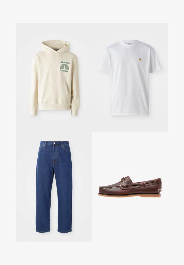 Béžová bavlnená mikina s klokaním vreckom. Zelený textový logotyp "Ellesse 1959" a zakrivená grafika na ľavej hrudi. Mäkkučký materiál, klasický strih.; Biele bavlnené tričko s krátkymi rukávmi, okrúhlym výstrihom, s malým zlatým logom na ľavej strane hrude. Mäkká textúra a normálny strih.; Džínsy s vysokým pásom modrej farby vyrobené z denimu, so siluetou rovného strihu, viditeľným šitím a predným zapínaním na gombík.; Hnedá kožená lodná topánka s bielym prešívaním, detailmi na šnúrky a svetlohnedou gumovou podrážkou, zobrazená z boku na bielom pozadí.