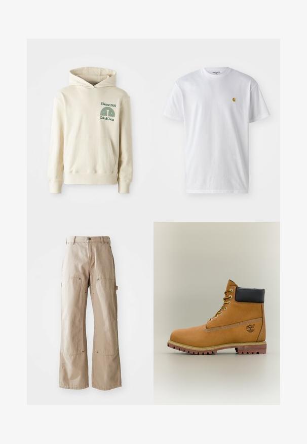 Béžová bavlnená mikina s klokaním vreckom. Zelený textový logotyp "Ellesse 1959" a zakrivená grafika na ľavej hrudi. Mäkkučký materiál, klasický strih.; Biele bavlnené tričko s krátkymi rukávmi, okrúhlym výstrihom, s malým zlatým logom na ľavej strane hrude. Mäkká textúra a normálny strih.; Béžové nohavice so širokými nohavicami vyrobené z pevnej bavlnenej tkaniny. Obsahujú predné a bočné vrecká, viditeľný šev a kovové doplnky na vreckách.; Hnedá kožená členková členková obuv s čiernym golierom, žltými šnúrkami a béžovou podrážkou. Má logo a biele prešívanie. Hrubá podrážka s dobrým záberom.