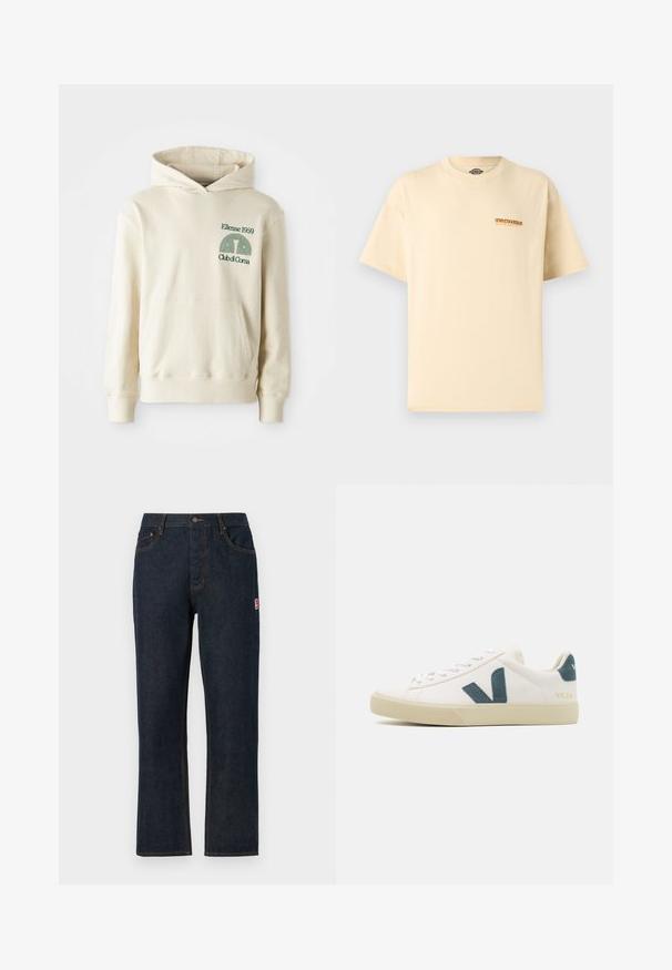 Beige puuvillane kapuutsiga särk, millel on tasku. Vasaku rinnaosa roheline logo "Ellesse 1959" ja kaarduv graafika. Pehme tekstuur, tavaline lõige.; Beež lühikeste varrukatega Dickies t-särk väikese oranži ja musta logoga vasakul rinnal, ümara kaelusega, lihtsa disainiga.; Tumed sinise denimist sirged teksad, klassikaline viie taskuga disain, ülemise nupu sulgemine ja kontrastne oranž õmblus. Punane logo silt küljel.; Valge nahkne spordijalats, millel on teal värvi seemisnahast logo, ümmargune varvas, nööbiga disain ja kummist tallad, millel on tekstuuriga detailid. Brändi nimi "VEJA" kuldses värvuses.