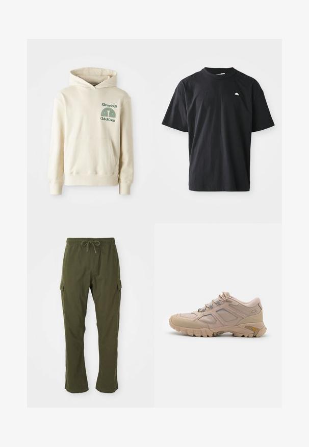 Sudadera de algodón beige con bolsillo tipo canguro. Logotipo en texto verde "Ellesse 1959" y gráfico curvado en la parte izquierda del pecho. Textura suave, corte regular.; Camiseta de algodón negra con un corte holgado, mangas cortas, cuello redondo y un pequeño logo blanco en el pecho. Textura suave.; Pantalones cargo verde oliva con cintura elástica, cordón y bolsillos laterales. La tela parece suave con una textura lisa.; Zapatilla deportiva beige con una parte superior de malla texturizada, superposición sintética y suela Vibram. Presenta un sistema de cordones y detalles en el panel lateral.