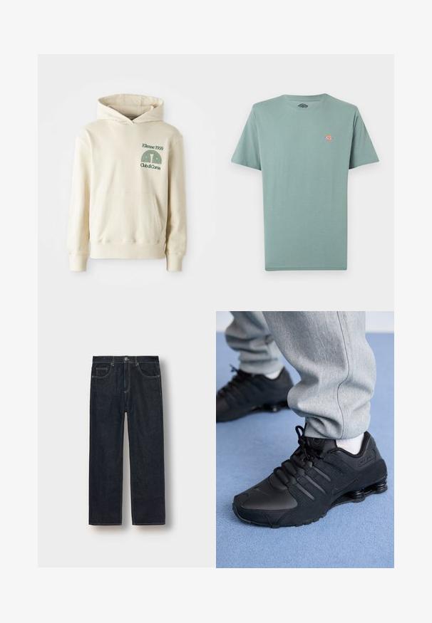 Sudadera de algodón beige con bolsillo tipo canguro. Logotipo en texto verde "Ellesse 1959" y gráfico curvado en la parte izquierda del pecho. Textura suave, corte regular.; Camiseta de manga corta de cuello redondo en verde apagado liso con un pequeño logo multicolor de Dickies en el pecho izquierdo.; Jean recto azul oscuro en tejido de mezclilla, con pasadores para cinturón, bolsillos frontales y costuras en contraste. Diseño minimalista sin adornos.; Persona vestida con zapatillas Nike Shox negras y pantalones de chándal grises, de pie sobre una alfombra azul claro.