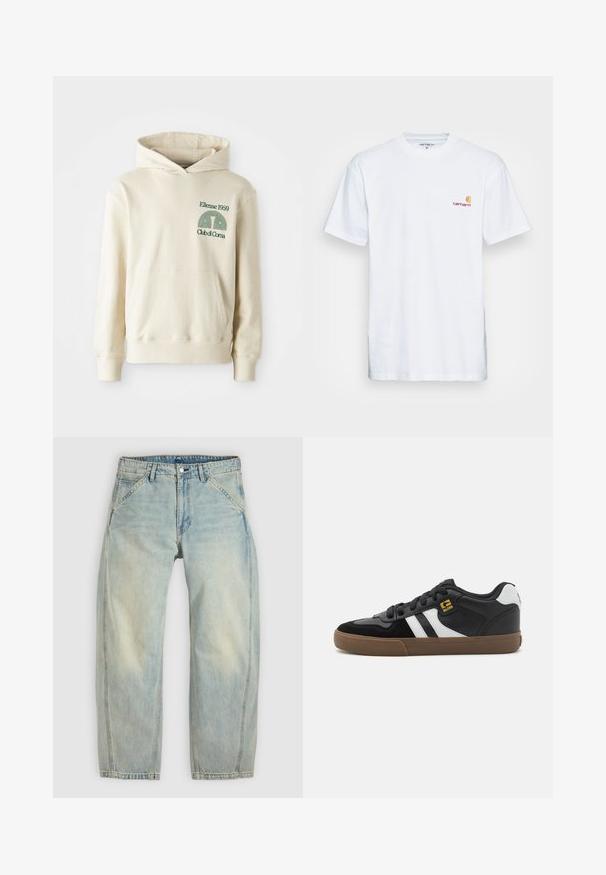 Béžová bavlnená mikina s klokaním vreckom. Zelený textový logotyp "Ellesse 1959" a zakrivená grafika na ľavej hrudi. Mäkkučký materiál, klasický strih.; Biala bavlnená tričko s krátkymi rukávmi. Navrhnuté s malým oranžovým a vínovým logom na ľavej strane hrude. Obsahuje klasický crew neck.; Svetlomodré džínsy s širokými nohavicami vyrobené z denimu. Majú päť vreciek, zapínanie na gombík a vyblednuté miesta pre ošúchaný vzhľad.; Čierno-biele tenisky s vrchnou časťou z semišu a kože, so skupinou bielych pruhov, čiernymi šnúrkami a hnedou gumovou podrážkou. Zlato zdobené logo.