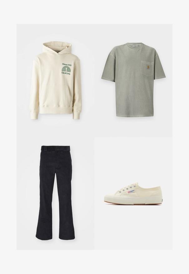 Sudadera de algodón beige con bolsillo tipo canguro. Logotipo en texto verde "Ellesse 1959" y gráfico curvado en la parte izquierda del pecho. Textura suave, corte regular.; Camiseta de cuello redondo con manga corta en gris claro, con un bolsillo en el pecho izquierdo que presenta un pequeño parche con el logo marrón de Carhartt.; Pantalones de pana negros con un corte relajado, que presentan una cinturilla clásica y piernas acampanadas, textura suave y sin patrones o acentos visibles.; Zapatillas de lona beige con un diseño de perfil bajo, ojales de metal y suela de goma. Presenta un patrón texturizado y detalle del logo en el lateral.