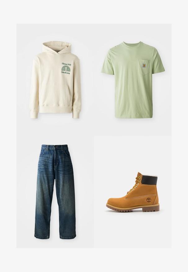 Sudadera de algodón beige con bolsillo tipo canguro. Logotipo en texto verde "Ellesse 1959" y gráfico curvado en la parte izquierda del pecho. Textura suave, corte regular.; Camiseta de manga corta verde claro fabricada en tejido suave, con un bolsillo en el pecho que presenta un parche de logo cuadrado. Diseño sencillo y sin adornos.; Jeans de mezclilla azul de pierna ancha con un acabado desgastado. Presenta cinco bolsillos, un cierre de botón y costuras en contraste. Tejido pesado.; Botín de cuero marrón con ojales de metal, forro de piel sintética blanca, cuello acolchado negro, suela resistente y logotipo en relieve en el costado.