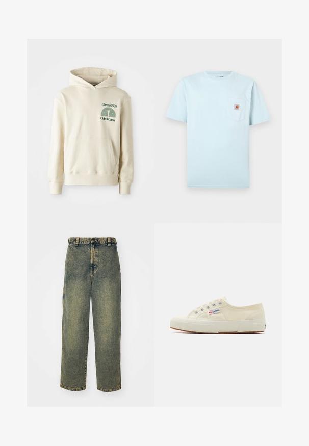 Sudadera de algodón beige con bolsillo tipo canguro. Logotipo en texto verde "Ellesse 1959" y gráfico curvado en la parte izquierda del pecho. Textura suave, corte regular.; Camiseta de manga corta de color azul claro con cuello redondo y un bolsillo en el pecho que presenta un pequeño parche con el logo de Carhartt en marrón y naranja.; Jeans de denim holgados en un lavado azul y verde descolorido. Presenta un cierre de botón, pasadores para el cinturón y bolsillos laterales. Diseño de frente plano y pierna recta.; Zapatillas de lona beige con un diseño de perfil bajo, ojales de metal y suela de goma. Presenta un patrón texturizado y detalle del logo en el lateral.