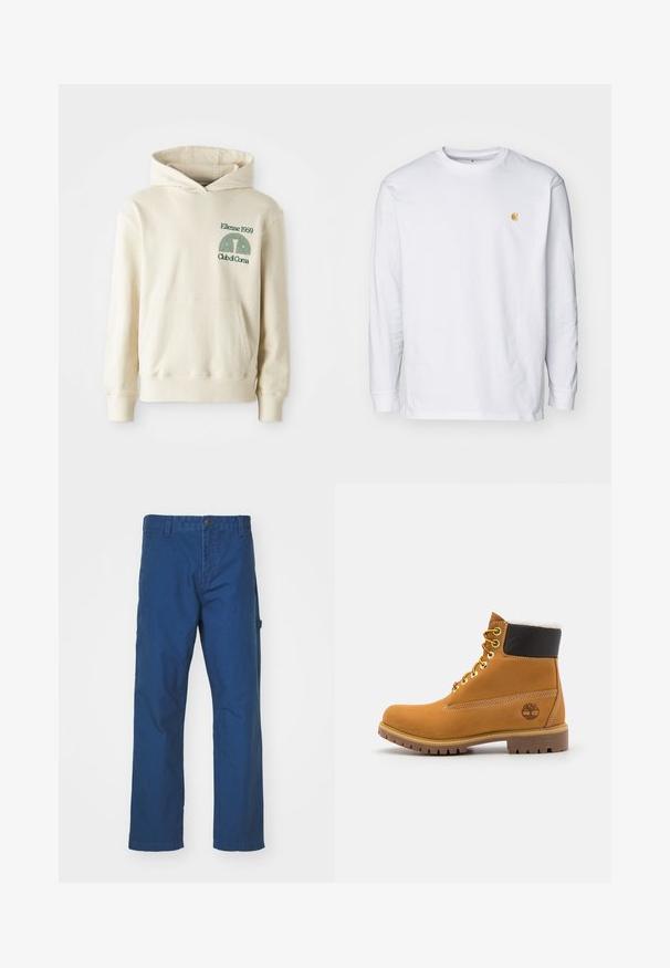 Beige puuvillane kapuutsiga särk, millel on tasku. Vasaku rinnaosa roheline logo "Ellesse 1959" ja kaarduv graafika. Pehme tekstuur, tavaline lõige.; Valge pika varrukaga T-särk, mis on valmistatud puuvillast. Rinnal on väike kuldne logo ja ümar kaelus. Lihtne disain ja standardne lõige.; Sinised puuvillased twill-püksid sirge jala disainiga, nupuga kinnituse ja küljetaskuga. Sujuv tekstuur, ilma nähtavate mustrite või aksessuaalideta.; Pruun nahast pahkluu saabas metallist silmadega, valge karvane vooder, must pehmendatud krae, robustne tallal ja küljes reljeefne logo.