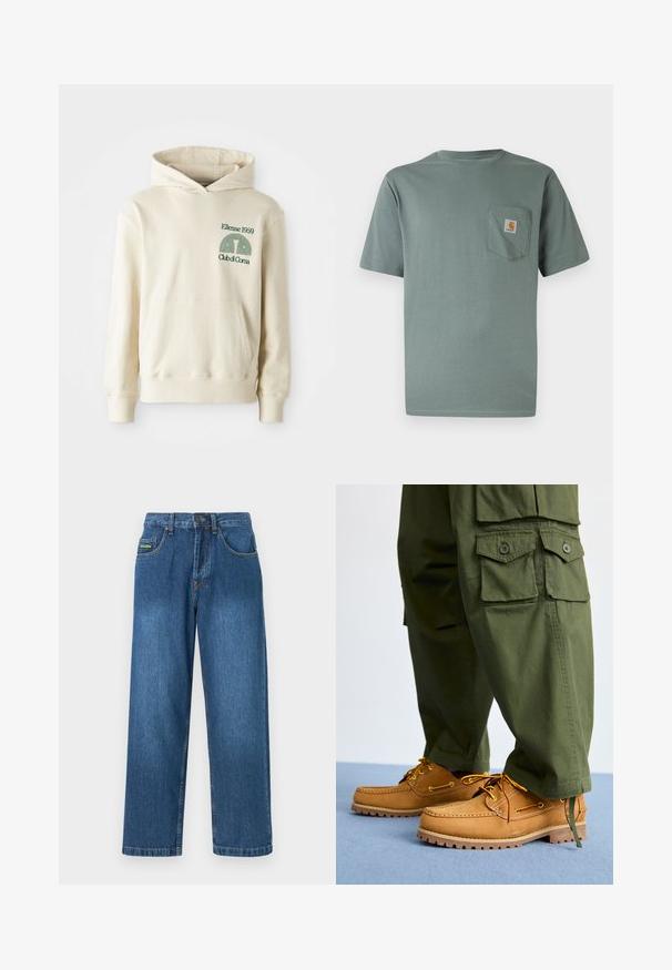 Sudadera de algodón beige con bolsillo tipo canguro. Logotipo en texto verde "Ellesse 1959" y gráfico curvado en la parte izquierda del pecho. Textura suave, corte regular.; Camiseta de manga corta de color verde claro hecha de algodón con un bolsillo en el pecho que lleva un parche con el logo. Textura suave y diseño clásico de cuello redondo.; Vaqueros de mezclilla en un lavado azul medio, con un diseño de pierna recta, cinco bolsillos y acentos de costura amarilla.; Timberland AUTHENTIC 3 EYE - Náuticos - wheat