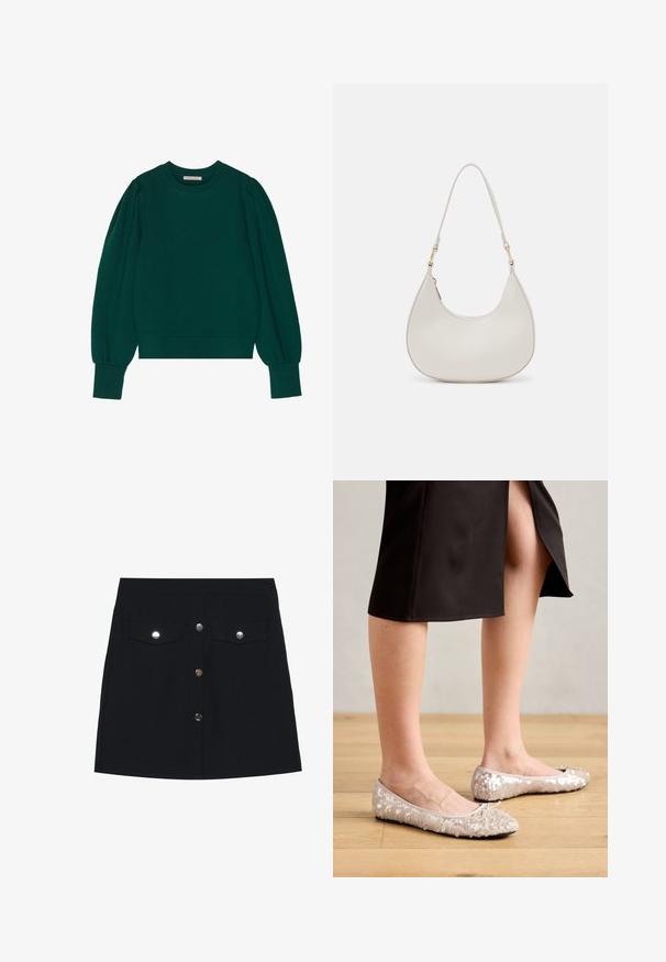 Sweat-shirt vert à manches longues et bouffantes, avec des poignets et un ourlet côtelés. Tissu doux au toucher lisse. Encolure ronde.; Jupe mini en denim noir avec une coupe droite, dotée de deux poches poitrine, de cinq boutons en métal argenté sur le devant et d'une texture lisse.; Ballerines en sequins beiges avec un bout rond, ornées d'un accent nœud, associées à une jupe noire, exposées sur un sol en bois.; Sac épaule en cuir crème en forme de croissant, avec une fine sangle et des détails de coutures subtils. Design minimaliste avec des accents en métal doré.