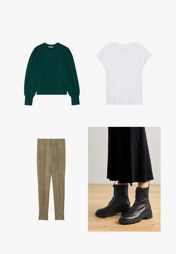 Grüner Pullover-Sweatshirt mit langen, schaumigen Ärmeln, gerippten Bündchen und Saum. Weicher Stoff mit glatter Textur. Rundhalsausschnitt.; Weißes kurzärmliges T-Shirt mit Rundhalsausschnitt, lockerer Passform, aus weichem Baumwollstoff. Glatte Textur, keine Muster oder Logos.; Khaki-farbene, gefälschte Wildlederhosen mit vertikalen Nahtdetails und schmalen Säumen, die eine glatte Textur und eine figurbetonte Silhouette aufweisen.; Schwarze Lederstiefeletten mit einer dicken Plattformsohle und einem Reißverschluss vorne. Glatte Textur mit einem minimalistischen Design.