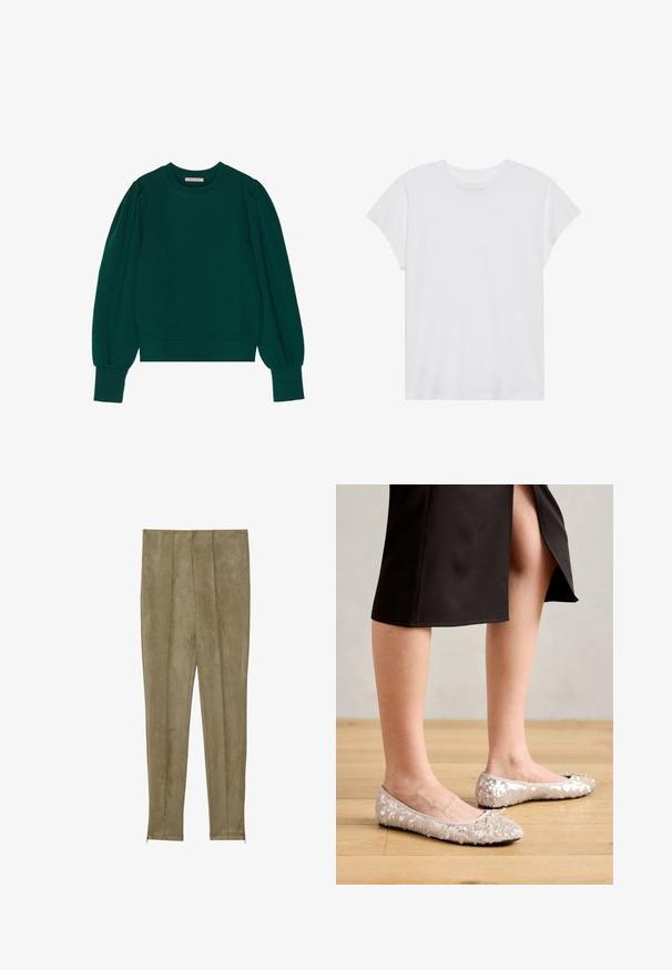 Grüner Pullover-Sweatshirt mit langen, schaumigen Ärmeln, gerippten Bündchen und Saum. Weicher Stoff mit glatter Textur. Rundhalsausschnitt.; Weißes kurzärmliges T-Shirt mit Rundhalsausschnitt, lockerer Passform, aus weichem Baumwollstoff. Glatte Textur, keine Muster oder Logos.; Khaki-farbene, gefälschte Wildlederhosen mit vertikalen Nahtdetails und schmalen Säumen, die eine glatte Textur und eine figurbetonte Silhouette aufweisen.; Beige Glitzer-Ballerinas mit runder Zehenform und Schleifenakzent, kombiniert mit einem schwarzen Rock, auf einem Holzboden präsentiert.