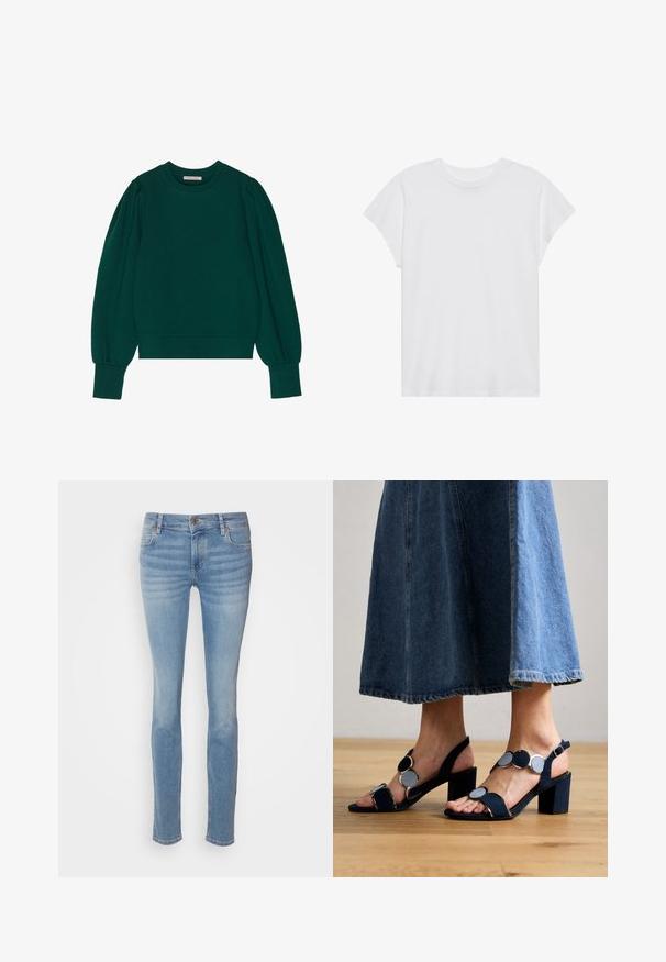Grüner Pullover-Sweatshirt mit langen, schaumigen Ärmeln, gerippten Bündchen und Saum. Weicher Stoff mit glatter Textur. Rundhalsausschnitt.; Weißes kurzärmliges T-Shirt mit Rundhalsausschnitt, lockerer Passform, aus weichem Baumwollstoff. Glatte Textur, keine Muster oder Logos.; Hellblaue Slim-Jeans aus Denim mit einem klassischen Fünf-Taschen-Design, mittlerer Bundhöhe und subtilen Waschungen entlang der Beine.; Marco Tozzi Riemensandalette - navy