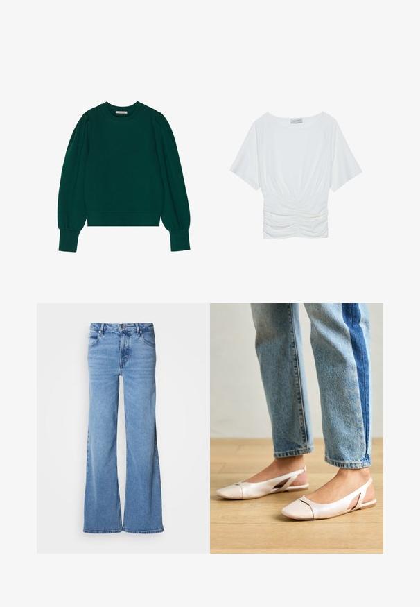 Grüner Pullover-Sweatshirt mit langen, schaumigen Ärmeln, gerippten Bündchen und Saum. Weicher Stoff mit glatter Textur. Rundhalsausschnitt.; Weißes Kurzarmoberteil mit lockerer Passform, das ein gerafftes Design in der Taille und eine glatte Stofftextur aufweist. Marke: Anna Field.; Hellblaue Jeans mit weitem Bein aus Denim. Mit klassischem Fünf-Taschen-Design und sichtbarem Knopfverschluss. Weiche Textur und schlichter Abschluss.; Blassrosa Slingback-Ballerinas mit spitzem Punkt, aus einem glatten, lederähnlichen Material. Mit Ausschnitten an den Seiten und einem flachen Absatz.