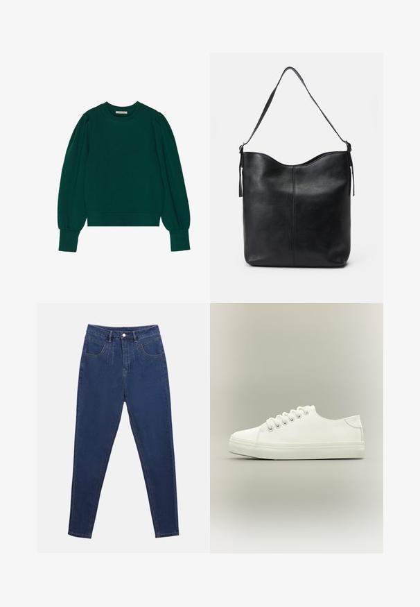 Grüner Pullover-Sweatshirt mit langen, schaumigen Ärmeln, gerippten Bündchen und Saum. Weicher Stoff mit glatter Textur. Rundhalsausschnitt.; Dunkelblaue Denim-Jeans mit hoher Taille, fünf Taschen, Metallknopfverschluss und geradem Schnitt. Glatte Textur mit dezenten Nähten.; Weißer Low-Top-Sneaker mit weißen Schnürsenkeln und Gummisohle, seitlich auf neutralem Hintergrund dargestellt.; Schwarze Leder-Schultertasche mit glatter Oberfläche, abgerundetem Deckel, einem einzigen Gürtel und minimalistischem Design ohne sichtbare Hardware.