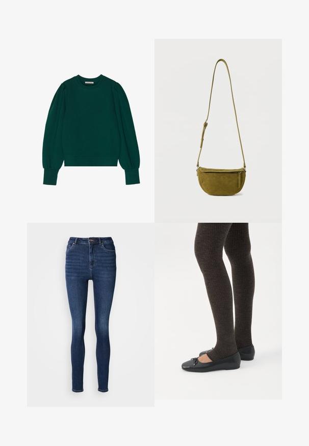 Groene pullover sweatshirt met lange, opgeblazen mouwen, geribbelde manchetten en zoom. Zachte stof met een gladde textuur. Ronde halslijn.; Strakke jeans gemaakt van donkerblauw denim. Heeft een hoge taille, vijf zakken, riemlussen en subtiele vervaging in de stoftextuur.; Benen met donkere geribbelde leggings gecombineerd met zwarte ballerina's met kleine strikdetails op een witte achtergrond.; Olijfgroene suède schoudertas met verstelbare riem en ritssluiting aan de voorkant op een effen witte achtergrond.