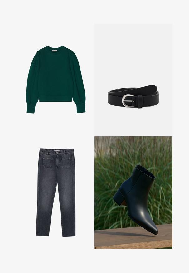 Sweat-shirt vert à manches longues et bouffantes, avec des poignets et un ourlet côtelés. Tissu doux au toucher lisse. Encolure ronde.; Jeans en denim gris foncé avec une coupe droite. Comprend deux poches arrière, une fermeture à bouton et des passants de ceinture. Texture légèrement décolorée.; Bottine noire en cuir avec talon bloc, bout pointu, présentée au-dessus d'une surface en bois avec un fond flou d'herbe verte.; Ceinture en cuir noir avec une boucle ronde en métal argenté, design plat, extrémité effilée, texture lisse et style minimaliste.