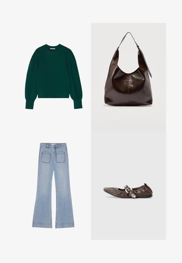 Groene pullover sweatshirt met lange, opgeblazen mouwen, geribbelde manchetten en zoom. Zachte stof met een gladde textuur. Ronde halslijn.; Lichtblauwe flared denim jeans met een hoge taille, voorzien van twee achterzakken en zichtbare stiksels langs de naden.; Bruine gepatineerde leren ballerina met een spitse neus, elastische strikdetail en een zilveren gespaccent aan de zijkant. Zwarte rubberen zool.; Donkerbruine glanzende leren schoudertas met een enkele brede riem en gespsdetail aan één kant, tegen een effen lichte achtergrond.
