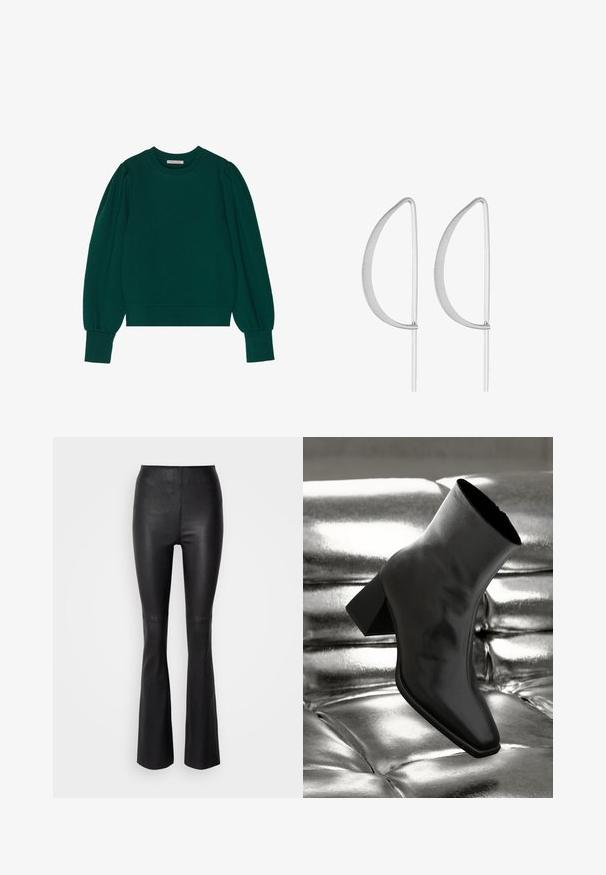 Groene pullover sweatshirt met lange, opgeblazen mouwen, geribbelde manchetten en zoom. Zachte stof met een gladde textuur. Ronde halslijn.; Zwarte flared broeken van glad, faux leer met een hoge tailleband en stiksel details boven de knie.; Zwarte enkellaarsjes van glanzend materiaal met een vierkante neus en taps toelopende hak, afgezet tegen een glanzende zilveren gecapitonneerde achtergrond.; Zilveren metalen oorbellen met een minimalistisch gebogen ontwerp, met uitgerekte, open druppelvormen en een matte afwerking.