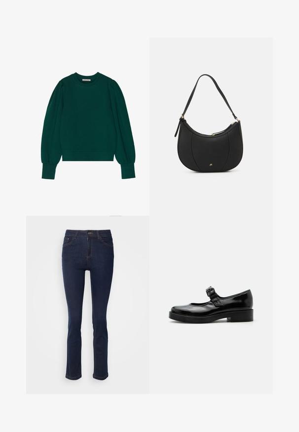 Grüner Pullover-Sweatshirt mit langen, schaumigen Ärmeln, gerippten Bündchen und Saum. Weicher Stoff mit glatter Textur. Rundhalsausschnitt.; Dunkelblaue Jeans im Slim Fit mit einer mittelhohen Taille, fünf Taschen und kontrastierenden Nähten. Der Stoff hat eine glatte, leicht strukturierte Oberfläche.; Schwarzer Lackleder Mary Jane Schuh mit abgerundeter Spitze, niedrigem Blockabsatz und verstellbarem Schnallenriemen über dem Spann.; Schwarze Lederhandtasche mit geschwungenem Design, strukturiertem Material, vorderen Nähten und einem Logo in Goldtönen. Verfügt über einen einzelnen verstellbaren Tragegurt.