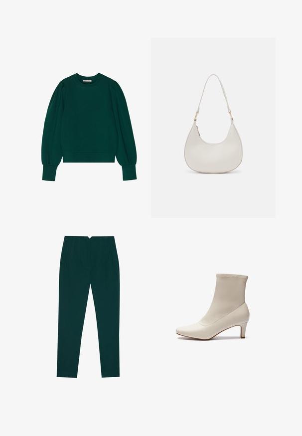 Groene pullover sweatshirt met lange, opgeblazen mouwen, geribbelde manchetten en zoom. Zachte stof met een gladde textuur. Ronde halslijn.; Donkergroene op maat gemaakte broek met een gladde textuur, rechte snit, plooien aan de voorkant en zijzakken, met een strakke taillebandontwerp.; Witte enkelboot gemaakt van glad leer met een spitse neus en een korte, taps toelopende hak. Beschikt over een minimalistisch ontwerp en een naadloos bovenwerk.; Crème leren schoudertas met een halve maan vorm, dunne schouderband en subtiele stiksels. Minimalistisch ontwerp met gouden hardware accenten.