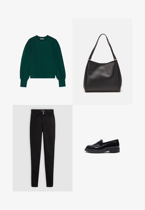 Grüner Pullover-Sweatshirt mit langen, schaumigen Ärmeln, gerippten Bündchen und Saum. Weicher Stoff mit glatter Textur. Rundhalsausschnitt.; Schwarze Jeans aus Baumwolle mit schmaler Passform, ausgestattet mit Knopfverschluss, Fünf-Taschen-Design und dezenten Nahtdetails.; Schwarze Lederloafers mit einem eleganten Design, das eine abgerundete Spitze, dekorative Fransen und eine niedrige, strukturierte Gummisohle aufweist.; Schwarze Handtasche aus synthetischem Leder mit weicher Textur, Hobo-Form und doppelten Schulterriemen; zeichnet sich durch ein glänzendes Finish und minimalistisches Design aus.