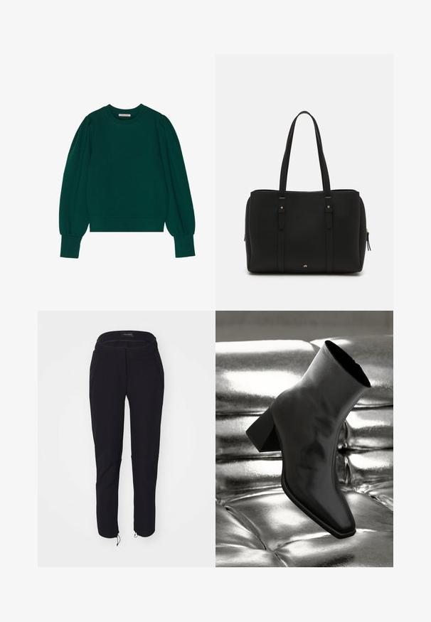 Grüner Pullover-Sweatshirt mit langen, schaumigen Ärmeln, gerippten Bündchen und Saum. Weicher Stoff mit glatter Textur. Rundhalsausschnitt.; Schwarze Hosen mit glatter Textur, die ein tailliertes Design, einen elastischen Bund, zwei Taschen und verstellbare Bündchen mit Kordelzügen aufweisen.; Schwarzer Knöchelstiefel aus glänzendem Material mit quadratischer Zehenform und verjüngtem Absatz, vor einem glänzenden silbernen gepolsterten Hintergrund.; Schwarze Tote-Tasche aus strukturiertem Leder, mit zwei langen Griffen, einem Reißverschluss und subtilen goldenen Akzenten an den Beschlägen.