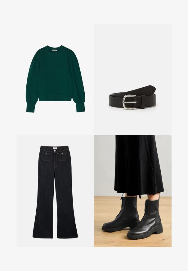 Groene pullover sweatshirt met lange, opgeblazen mouwen, geribbelde manchetten en zoom. Zachte stof met een gladde textuur. Ronde halslijn.; Flared donkerdenim jeans met een hoge taille, twee voorzakken en oranje stiksels. Het materiaal lijkt stevig en glad.; Zwarte leren enkelboots met een chunky platformzool en een rits aan de voorkant. Glad oppervlak met een minimalistisch ontwerp.; Zwarte leren riem met een gladde textuur, voorzien van een metalen zilveren gesp en een taps toelopende punt. Eenvoudig, klassiek ontwerp.