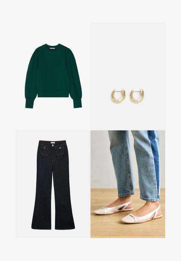 Grüner Pullover-Sweatshirt mit langen, schaumigen Ärmeln, gerippten Bündchen und Saum. Weicher Stoff mit glatter Textur. Rundhalsausschnitt.; Schwarze, ausgestellt geschnittene Jeans aus Denim mit hoher Taille, zwei Fronttaschen und orangefarbenen Nähten. Das Material wirkt robust und glatt.; Blassrosa Slingback-Ballerinas mit spitzem Punkt, aus einem glatten, lederähnlichen Material. Mit Ausschnitten an den Seiten und einem flachen Absatz.; Goldfarbene Creolen mit einer glatten, polierten Oberfläche. Sie haben eine halbkreisförmige Form und einen sicheren Stiftverschluss.