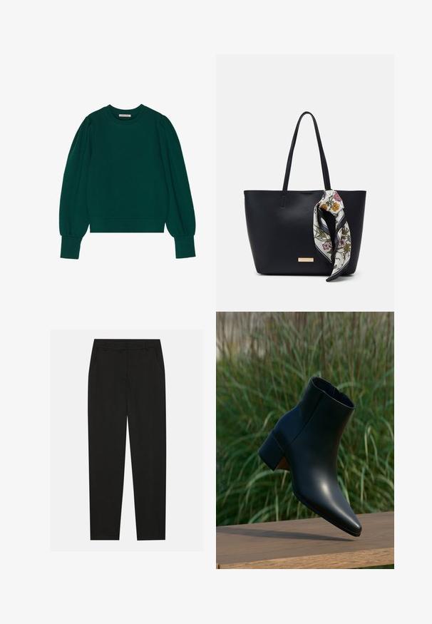 Groene pullover sweatshirt met lange, opgeblazen mouwen, geribbelde manchetten en zoom. Zachte stof met een gladde textuur. Ronde halslijn.; Zwarte broek met een tailormade ontwerp, voorzien van zijzakken en een rechte pijp. Gemaakt van een soepele, lichte stof met een strakke afwerking.; Zwarte leren enkellaars met blokhak, puntige neus, weergegeven boven een houten oppervlak met een groene wazige grasachtergrond.; Zwarte leren tote bag met twee schouderriemen, voorzien van een zijden sjaal met bloemenprint die aan de handgreep is geknoopt en een metallic logo-accent aan de voorkant.