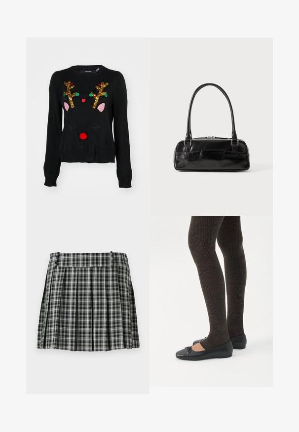 Sort sweater med et rener-design, der har gyldne palietgevir, lyserøde ører, en rød pom-pom næse og grønne og røde perledetaljer.; Sort-hvidt ternet plisseret nederdel med en glat talje og flere lodrette folder. Fremstillet af let stof.; Ben iført mørke ribbede leggings kombineret med sorte balletsko med små sløjfedetaljer på hvid baggrund.; Sort læderhåndtaske med rektangulær form, der har et enkelt struktureret håndtag, sølvhardware og lynlås-lukning. Glat tekstur.