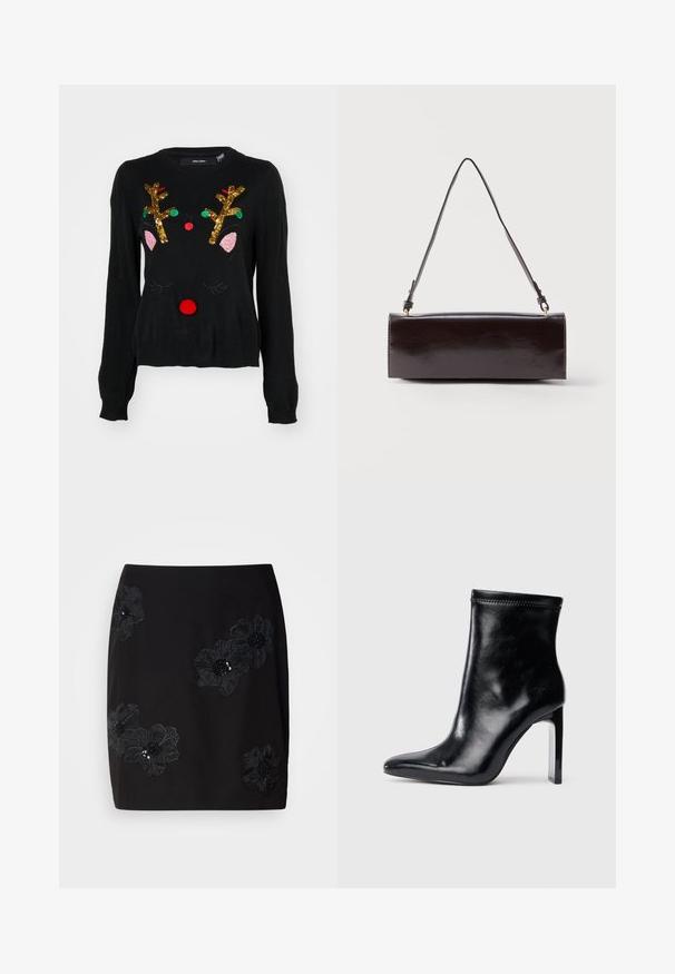 Suéter negro con un diseño de reno que cuenta con cuernos de lentejuelas doradas, detalles de orejas rosas, nariz de pom-pom roja y acentos de cuentas verdes y rojas.; Falda negra con bordado floral en negro, con detalles de lentejuelas en las flores. Diseñada con un corte recto y una longitud hasta media pierna.; Botín de cuero negro hasta el tobillo con punta afilada y tacón transparente alto. Textura suave y detalles mínimos de costura en la parte superior.; Bolso rectangular de cuero negro con una sola correa larga y acabado brillante, exhibido sobre un fondo blanco liso.