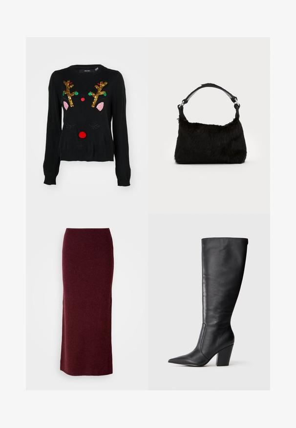 Sort sweater med et rener-design, der har gyldne palietgevir, lyserøde ører, en rød pom-pom næse og grønne og røde perledetaljer.; Bordeaux uld maxi nederdel med en tætsiddende silhuet, glat tekstur og lige kant. Ingen synlige lukninger eller udsmykninger.; Sort læderknehøj støvle med spids tå og kraftig høj hæl, vist i venstre sideprofil på hvid baggrund.; Sort faux fur håndtaske med en blød tekstur, rund form og en robust skulderrem i sort læder. Synlige sølvhardware-detaljer.