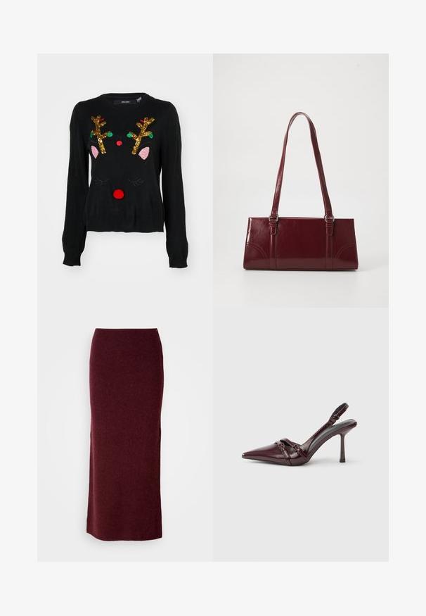 Zwarte trui met een rendierontwerp, gouden sequin-hoornen, roze oor details, een rode pomponneus en groene en rode kraal accenten.; Bordeaux wollen maxi-rok met een aansluitende silhouet, een gladde textuur en een rechte zoom. Geen zichtbare sluitingen of versieringen.; Bordeauxrode lakleren slingback met puntige neus, dunne enkelband en kleine decoratieve gespsluiting. Gladde textuur en hoge hak.; Bourgondische handtas van glanzend materiaal, rechthoekige vorm, met twee schouderbanden en subtiele gebogen accenten aan de voorkant.