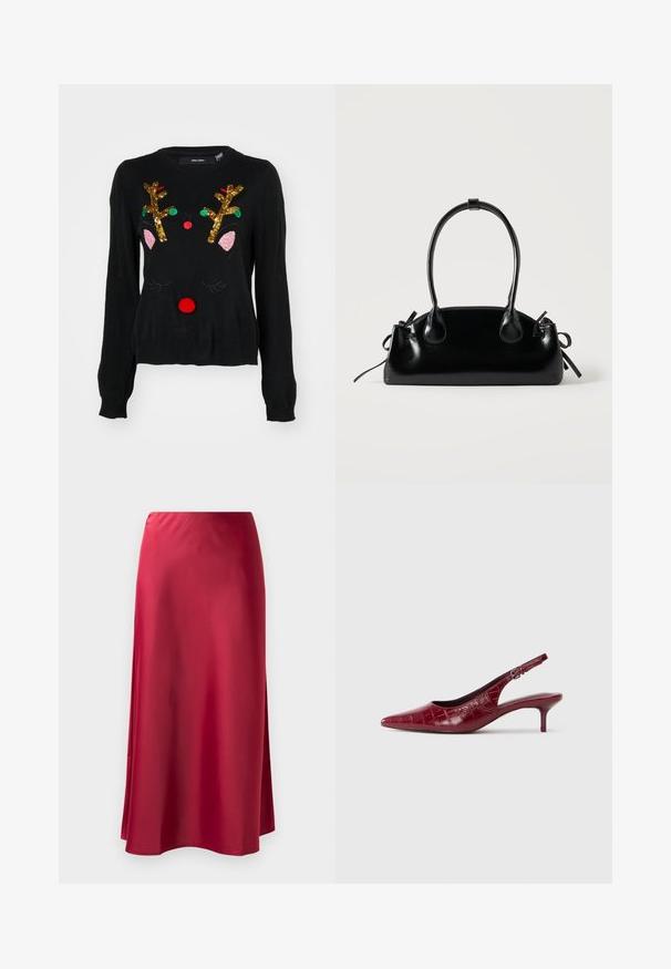 Suéter negro con un diseño de reno que cuenta con cuernos de lentejuelas doradas, detalles de orejas rosas, nariz de pom-pom roja y acentos de cuentas verdes y rojas.; Falda larga de satén rojo con una textura suave, forma ligeramente acampanada y apertura lateral para facilitar el movimiento. Sin hardware ni embellishments visibles.; Zapato de tacón tipo slingback de cuero burdeos con textura de cocodrilo, punta afilada, correa ajustable con hebilla y tacón bajo tipo kitten sobre un fondo blanco.; Pequeño bolso negro brillante con dos asas largas y detalles de cordón lateral sobre un fondo claro liso.