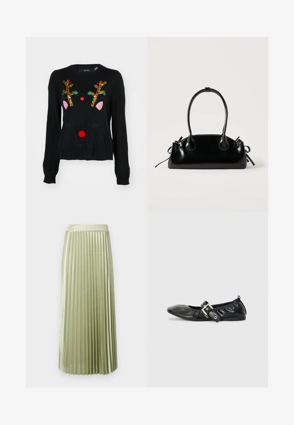 Sort sweater med et rener-design, der har gyldne palietgevir, lyserøde ører, en rød pom-pom næse og grønne og røde perledetaljer.; Plisseret midi-nederdel i lysegrøn satin med en glat tekstur. Tætsiddende talje, falder til midt på læggen, med lige lodrette plisseringer hele vejen igennem.; Sorte læder flade sko med spids tå, samling detaljer omkring åbningen, og en sølv spænde accent på den justerbare rem.; Lille sort blank håndtaske med to lange håndtag og snøre-detaljer i siden på en ensfarvet lys baggrund.