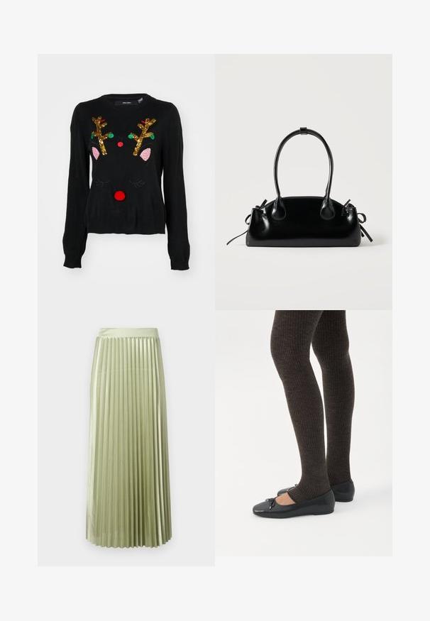 Suéter negro con un diseño de reno que cuenta con cuernos de lentejuelas doradas, detalles de orejas rosas, nariz de pom-pom roja y acentos de cuentas verdes y rojas.; Falda midi plisada en satén verde claro con una textura suave. Cintura ajustada, cae hasta la mitad de la pantorrilla, con pliegues verticales uniformes en toda la prenda.; Piernas con leggings oscuros acanalados combinados con bailarinas negras que presentan pequeños detalles de lazo sobre un fondo blanco.; Pequeño bolso negro brillante con dos asas largas y detalles de cordón lateral sobre un fondo claro liso.