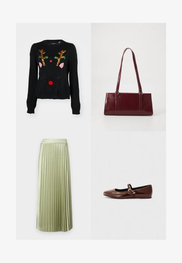 Suéter negro con un diseño de reno que cuenta con cuernos de lentejuelas doradas, detalles de orejas rosas, nariz de pom-pom roja y acentos de cuentas verdes y rojas.; Falda midi plisada en satén verde claro con una textura suave. Cintura ajustada, cae hasta la mitad de la pantorrilla, con pliegues verticales uniformes en toda la prenda.; Bailarina de charol marrón con punta cuadrada y tira que presenta una pequeña hebilla dorada. Textura suave, tacón bajo y diseño minimalista.; Bolso burdeos hecho de material brillante, de forma rectangular, con dos asas para el hombro y sutiles acentos curvados en la parte frontal.