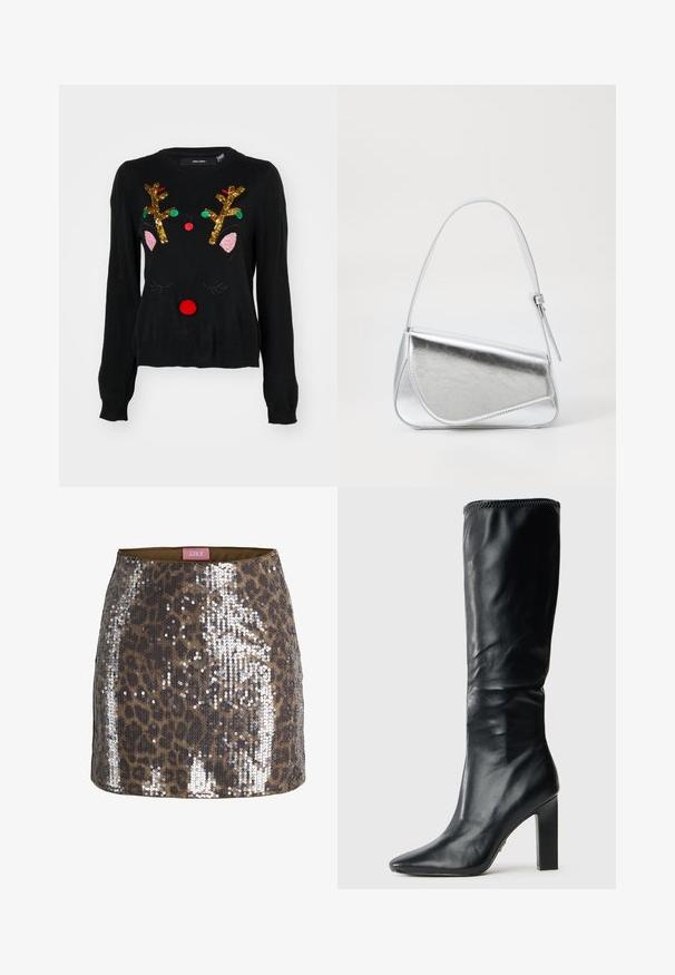 Zwarte trui met een rendierontwerp, gouden sequin-hoornen, roze oor details, een rode pomponneus en groene en rode kraal accenten.; Minirok met luipaardprint in bruin en zwart, bedekt met zilveren pailletten, met een roze label aan de binnenkant van de tailleband.; Zwarte leren kniehoge laarzen met een strak ontwerp, puntige neus en vierkante hoge hak, met een gladde textuur en gestikte bovenrand.; Zilveren metalen handtas met een driehoekige vorm, gladde textuur en een dunne, verstelbare schouderriem. Kenmerkt zich door een omklapbaar ontwerp met stiksels.