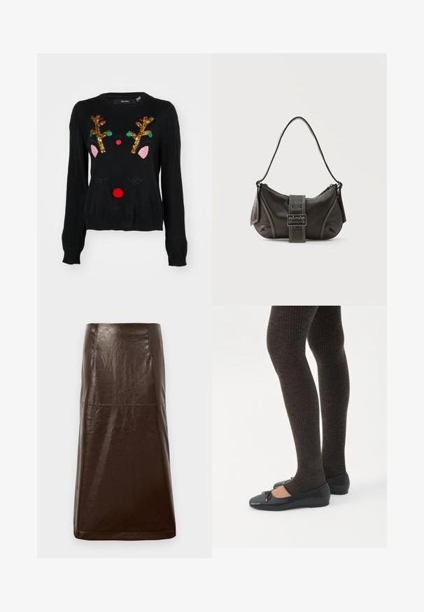 Suéter negro con un diseño de reno que cuenta con cuernos de lentejuelas doradas, detalles de orejas rosas, nariz de pom-pom roja y acentos de cuentas verdes y rojas.; Falda de cuero marrón con una textura suave, silueta recta y un brillo sutil. Presenta un corte a la altura de la rodilla y detalles de costura mínimos.; Piernas con leggings oscuros acanalados combinados con bailarinas negras que presentan pequeños detalles de lazo sobre un fondo blanco.; Bolso de hombro de cuero negro con detalle de correa con hebilla, bordes curvos y costuras blancas en contraste sobre un fondo liso.