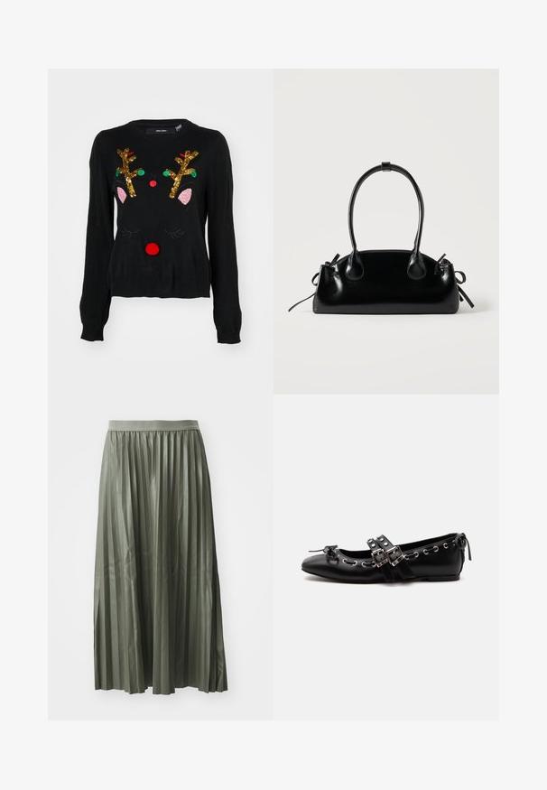Sort sweater med et rener-design, der har gyldne palietgevir, lyserøde ører, en rød pom-pom næse og grønne og røde perledetaljer.; Plisseret midi-nederdel i dæmpet grøn, lavet af glat stof. Har en elastisk talje og falder til midt på læggen med jævnt fordelte lodrette plisseringer.; Sort flad balletsko med dobbelt spænde, sølvøjer og en lille sløjfe nær den runde tå på en hvid baggrund.; Lille sort blank håndtaske med to lange håndtag og snøre-detaljer i siden på en ensfarvet lys baggrund.