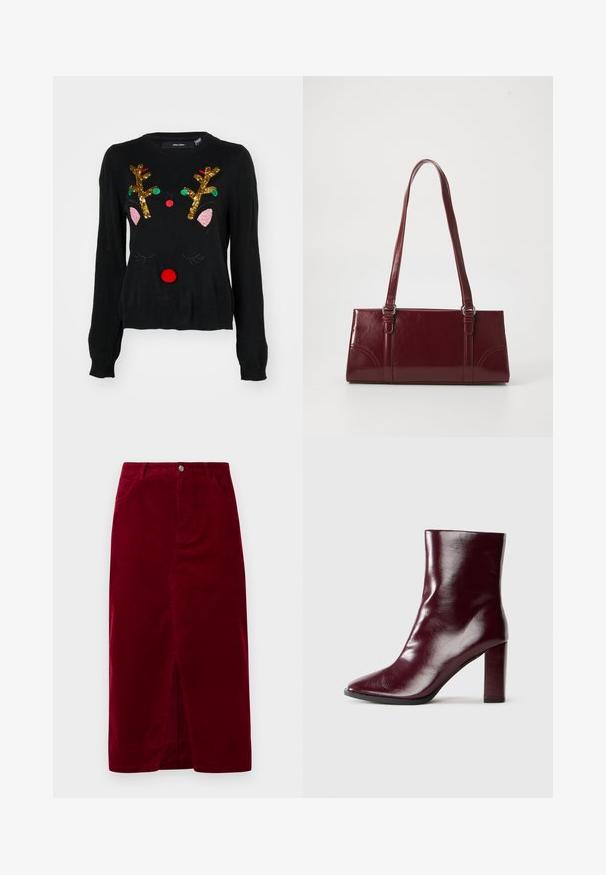 Sort sweater med et rener-design, der har gyldne palietgevir, lyserøde ører, en rød pom-pom næse og grønne og røde perledetaljer.; Bordeaux kordfløjl nederdel med lige pasform, frontslids, bæltestropper og to lommer, med en frontknaplukning.; Skinnende mørk bordeaux læderstøvle til midt på læggen med spids tå og blokeret høj hæl på neutral baggrund.; Bordeaux håndtaske lavet af glansfuldt materiale, rektangulær form, med to skulderremme og subtile buede detaljer på forsiden.