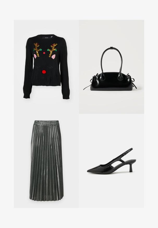 Sort sweater med et rener-design, der har gyldne palietgevir, lyserøde ører, en rød pom-pom næse og grønne og røde perledetaljer.; Metallic grøn plisseret nederdel med elastisk talje. Har smalle, vertikale plisser og et mellemlangt design, der skaber en struktureret silhuet.; Sorte slingback hæle med spidse tæer, lavet af blankt materiale, med udskæringsdetaljer og en moderat hæl for støtte.; Lille sort blank håndtaske med to lange håndtag og snøre-detaljer i siden på en ensfarvet lys baggrund.