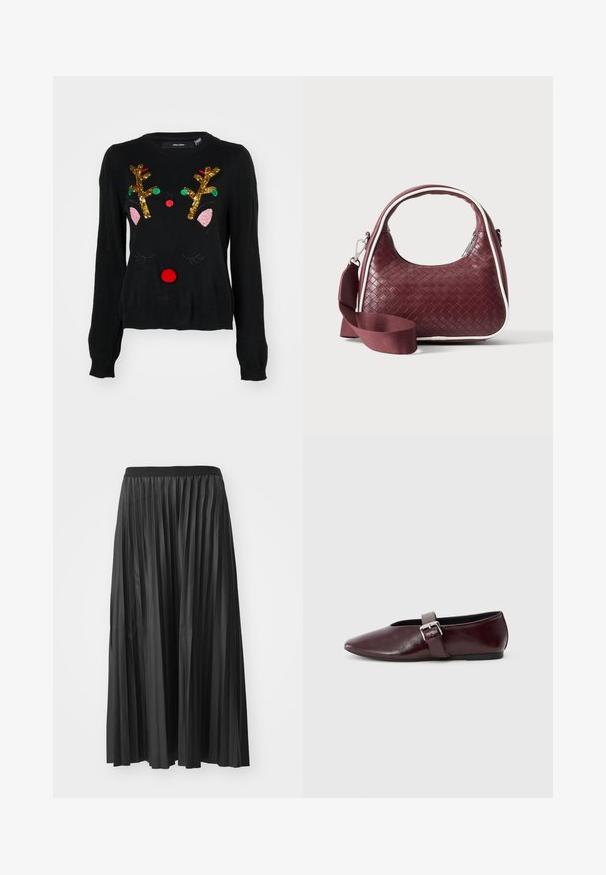 Suéter negro con un diseño de reno que cuenta con cuernos de lentejuelas doradas, detalles de orejas rosas, nariz de pom-pom roja y acentos de cuentas verdes y rojas.; Falda larga negra plisada con una textura suave y cinturilla elástica, que presenta pliegues verticales que crean volumen y movimiento.; Bailarinas de cuero burdeos con punta afilada, suela plana y una correa decorativa con hebilla a lo largo del empeine. Textura suave y brillante.; Bolso de mano de cuero tejido color granate con asa curva, ribete blanco, cremallera plateada y correa desmontable de tela ancha para el hombro sobre fondo liso.
