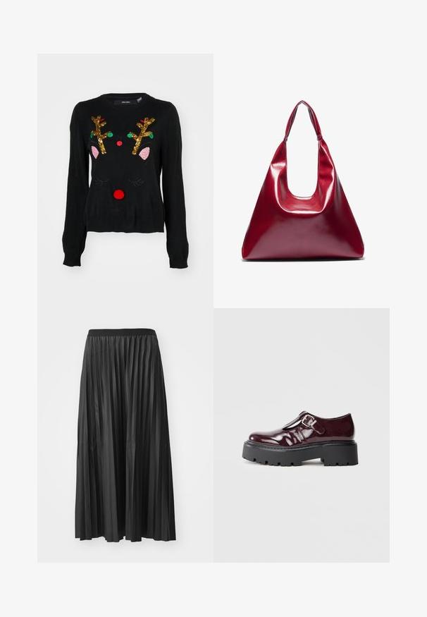 Sort sweater med et rener-design, der har gyldne palietgevir, lyserøde ører, en rød pom-pom næse og grønne og røde perledetaljer.; Sort plisseret maxiskørt med en glat tekstur og elastisk talje, der har lodrette folder som skaber volumen og bevægelse.; Bordeaux patentlæder Mary Jane-sko med sølvspænde og kraftig sort sål, sidevisning på hvid baggrund.; Rød blank lædertaske med en trekantet form, bred åbning foroven og et enkelt buet håndtag. Glat tekstur med minimale sømdetaljer.