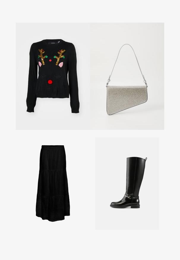 Sort sweater med et rener-design, der har gyldne palietgevir, lyserøde ører, en rød pom-pom næse og grønne og røde perledetaljer.; Sort, lagdelt maxiskirt med elastisk talje, fremstillet af et letvægtsstof, der har en tekstureret overflade og en flydende silhuet.; Sorte knæhøje støvler lavet af blankt læder med en sølvfarvet spænde ved anklen og rundet snude. Flad sål.; Clutch taske med en trekantet form, dækket af sølvfarvet mesh-stof. Har en tynd, justerbar rem og metalhardware detaljer.