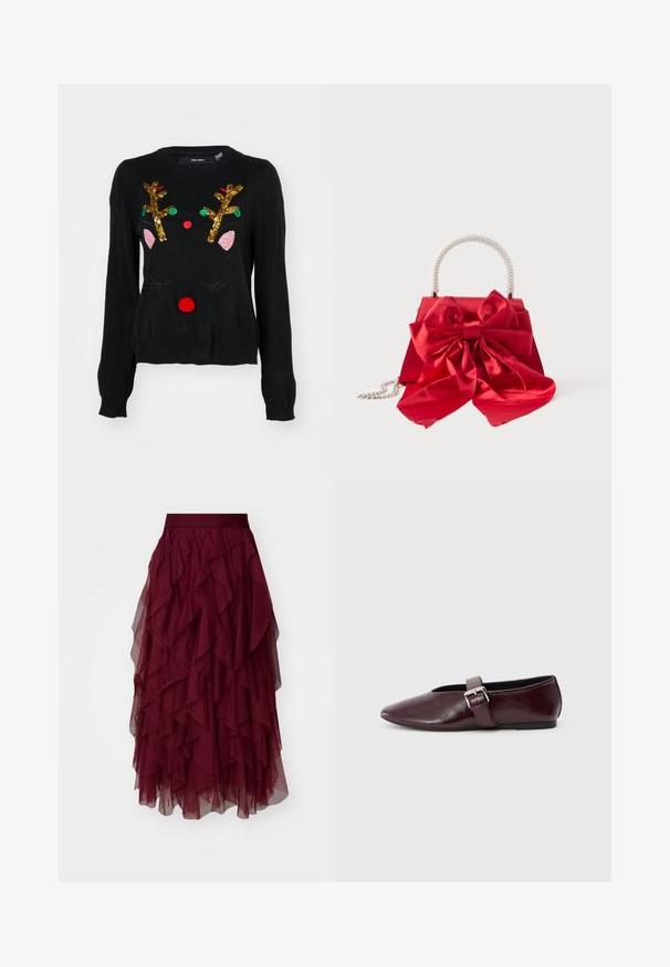Sort sweater med et rener-design, der har gyldne palietgevir, lyserøde ører, en rød pom-pom næse og grønne og røde perledetaljer.; Bordeaux tylskørt med flere lag af flæser, en bred talje og en flydende silhuet. Letvægts, tekstureret stof forbedrer bevægelsen.; Bordeaux læder ballerina sko med spidse tæer, flad sål og en dekorativ spænde-strop over vristen. Glat, blank tekstur.; Rød håndtaske med stor, flydende satin sløjfe foran og et håndtag dækket med perler, placeret på en hvid baggrund.