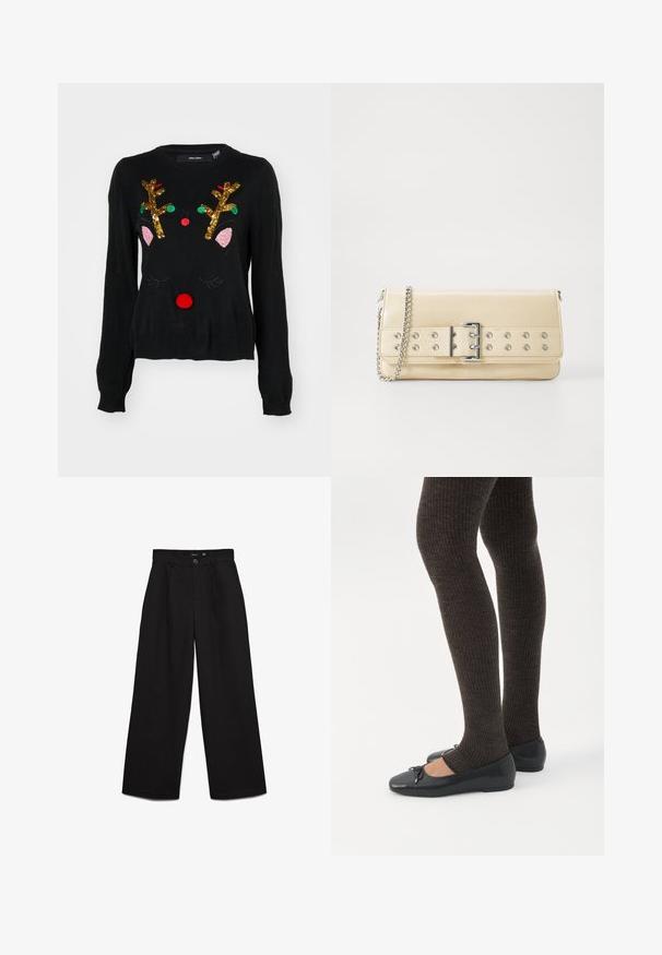 Suéter negro con un diseño de reno que cuenta con cuernos de lentejuelas doradas, detalles de orejas rosas, nariz de pom-pom roja y acentos de cuentas verdes y rojas.; Pantalones negros de cintura alta y pierna ancha con cierre de botón y cremallera, trabillas para cinturón y pliegues delanteros.; Piernas con leggings oscuros acanalados combinados con bailarinas negras que presentan pequeños detalles de lazo sobre un fondo blanco.; Bolso de mano beige con cinturón ancho que presenta ojales y hebilla plateados, y una correa de cadena plateada sobre un fondo blanco.