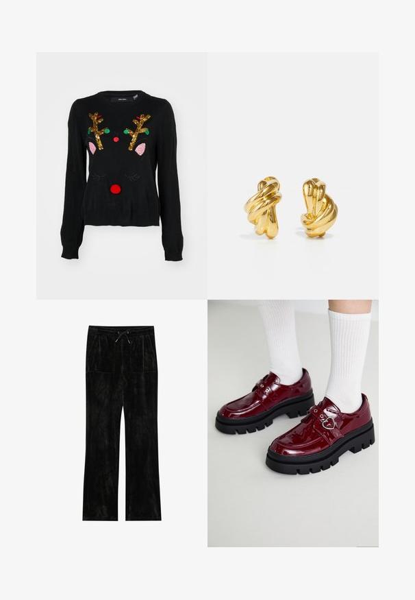 Pull noir avec un motif de renne, ornée de bois dorés en sequins, de détails roses au niveau des oreilles, d'un nez en pompon rouge et d'accents en perles vertes et rouges.; Pantalons en velours noir avec une texture douce, design à jambes larges, taille élastique, fermeture à cordon de serrage et deux poches avant.; Chaussures en cuir verni bordeaux avec une semelle noire épaisse, double sangle avec un détail en forme de cœur, et des chaussettes blanches à côtes. Design rétro avec une traction épaisse.; Boucles d'oreilles en métal doré avec un design torsadé, présentant des surfaces lisses et des bords arrondis, mettant en valeur une finition réfléchissante et brillante.